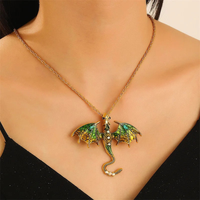 Gothic Colorful Flying Dragon Necklace for Woman Man Punk Jewelry Goth Pendants Necklaces Enamel Fly Dragon Collar collares