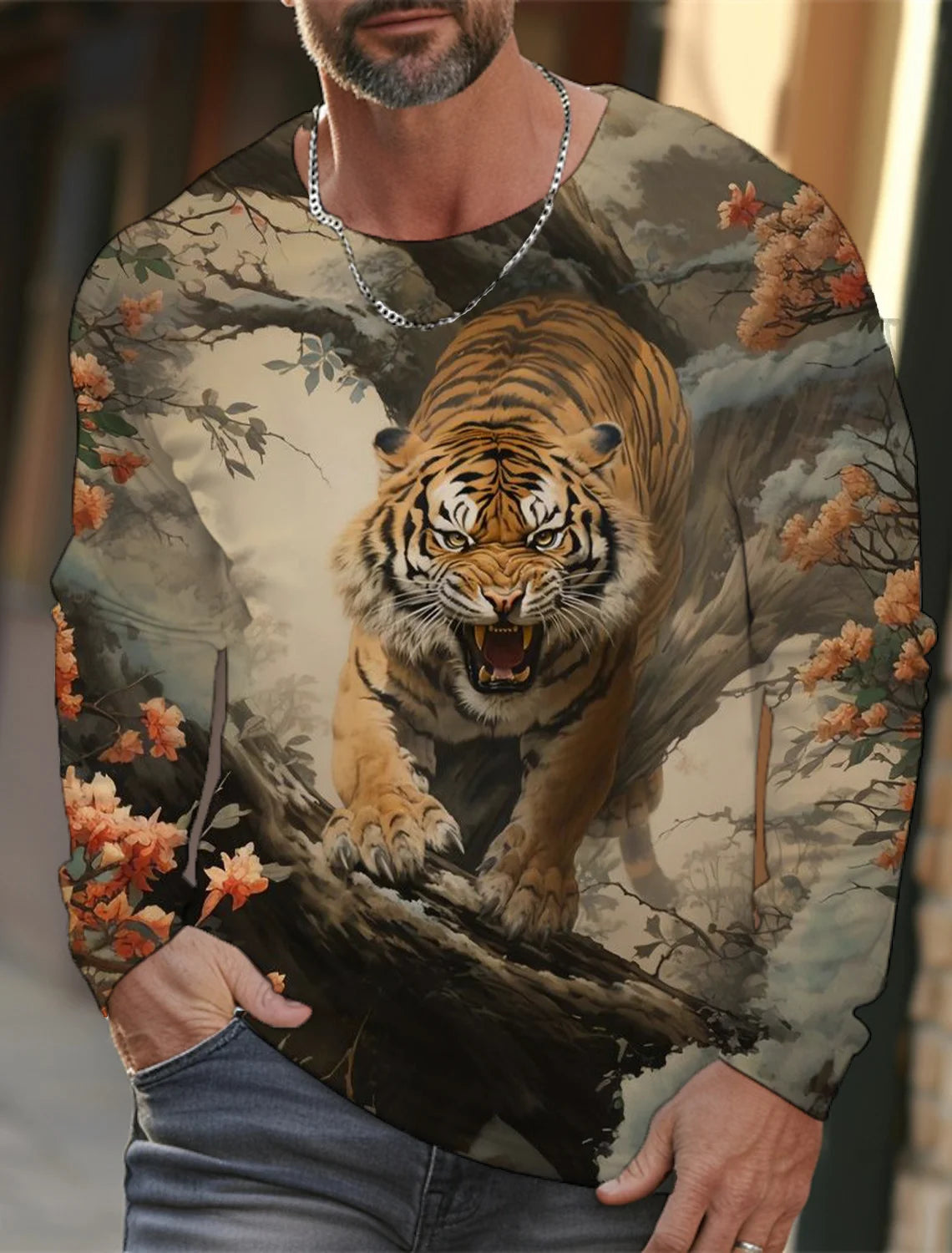 2024 new men's Ukiyoe long-sleeved T-shirt 3D printed high-definition tiger print men's autumn tops casual round neck T-shirt