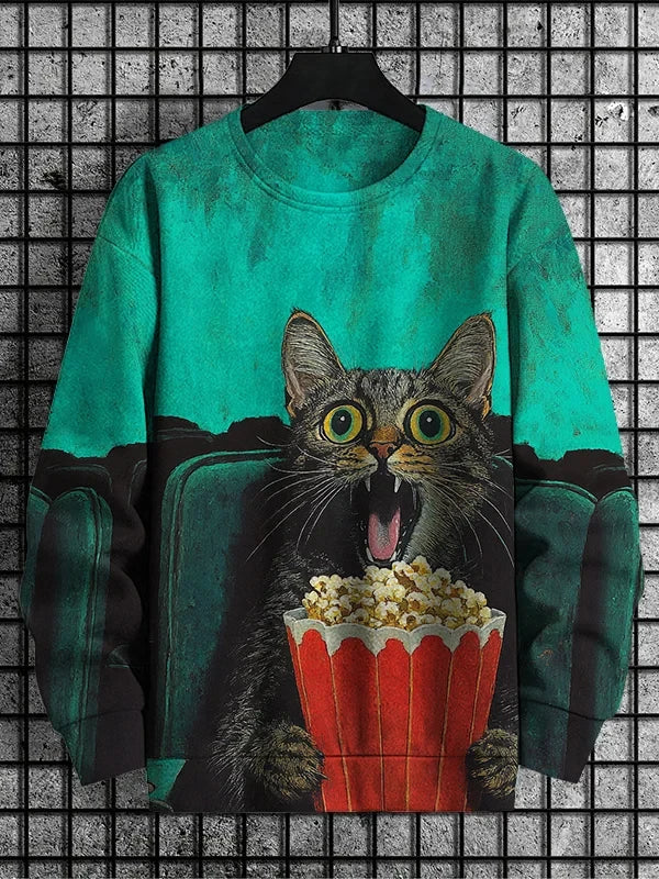 Men's Retro Animal Kitten Printed Casual Sweatshirt Fashion Round Neck Pullover Sweatshirt Polyester Fabric 2025 New