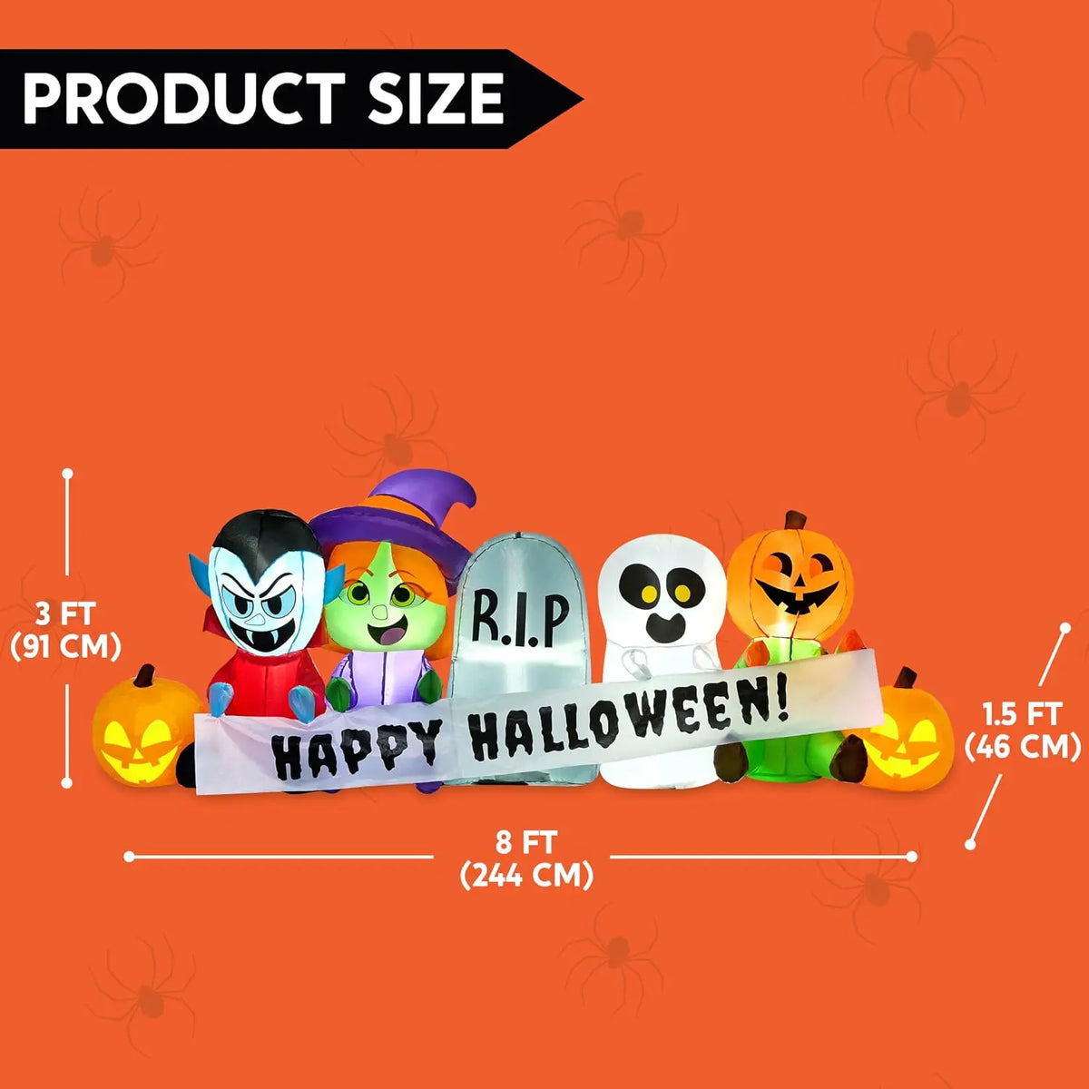 8 FT Long Pumpkin Ghost Vampire Witch Tombstone Inflatable Halloween Decor Outdoor