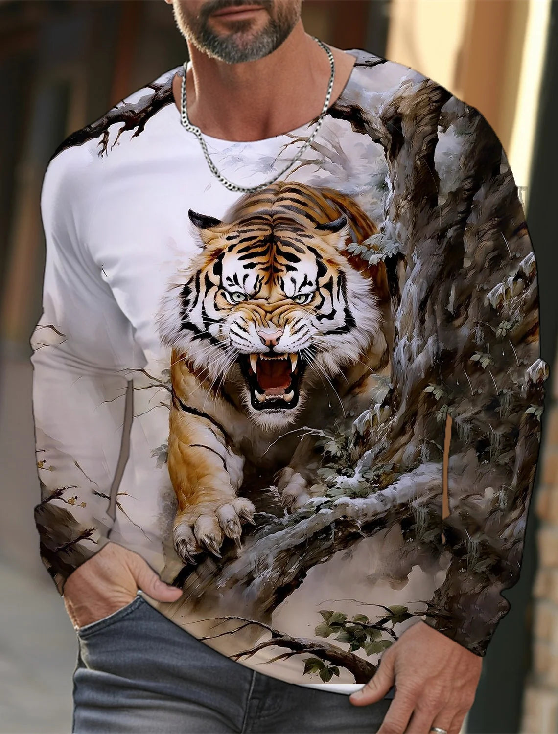 2024 New Tiger Print Pullover Autumn Winter Men's Casual Long Sleeve Round Neck Sweatshirt Streetwear Harajuku Men's Wear