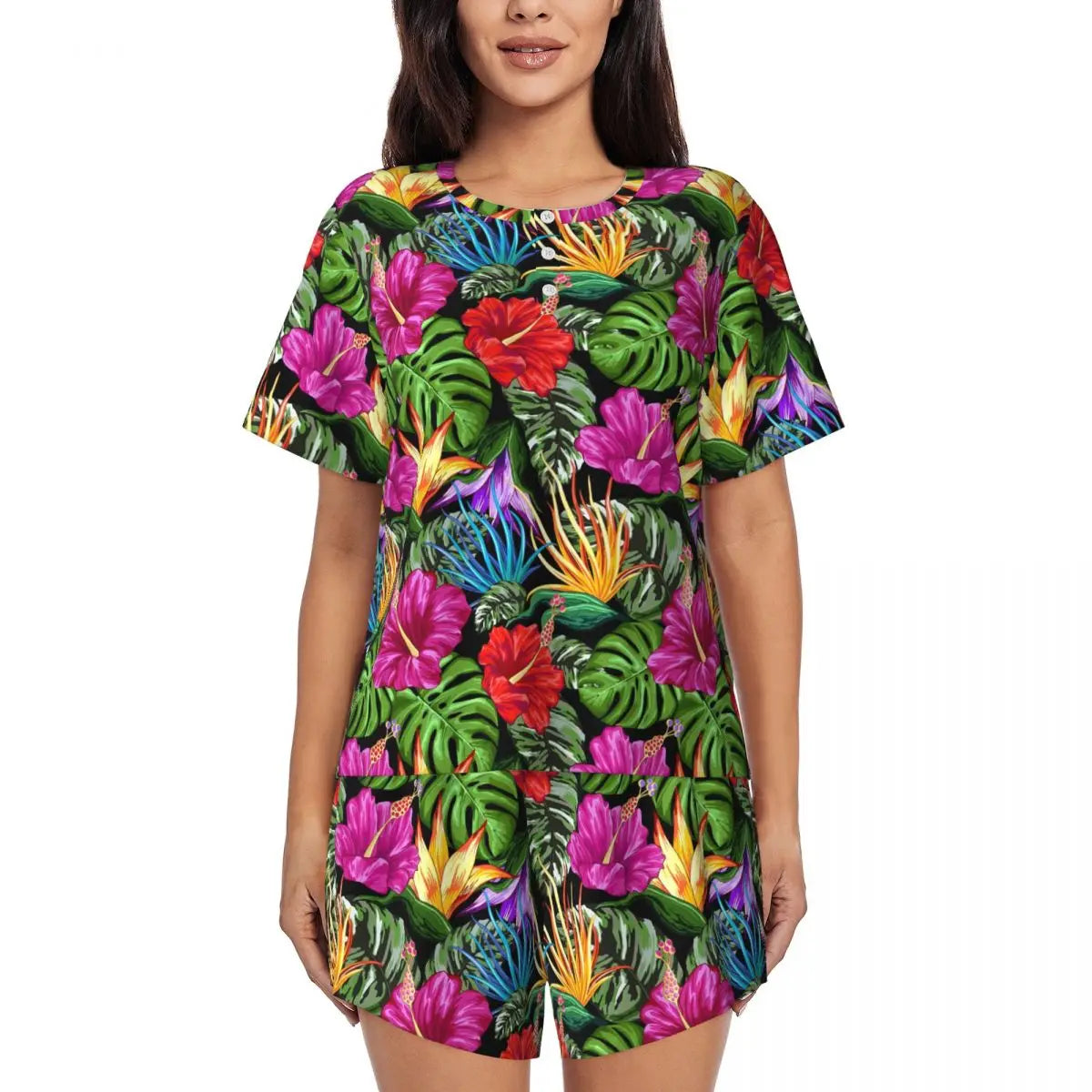 Green Leaf Print Pajamas Short Sleeve Lush Foliage 2 Pieces Leisure Pajama Sets Daily Woman O Neck Vintage Nightwear