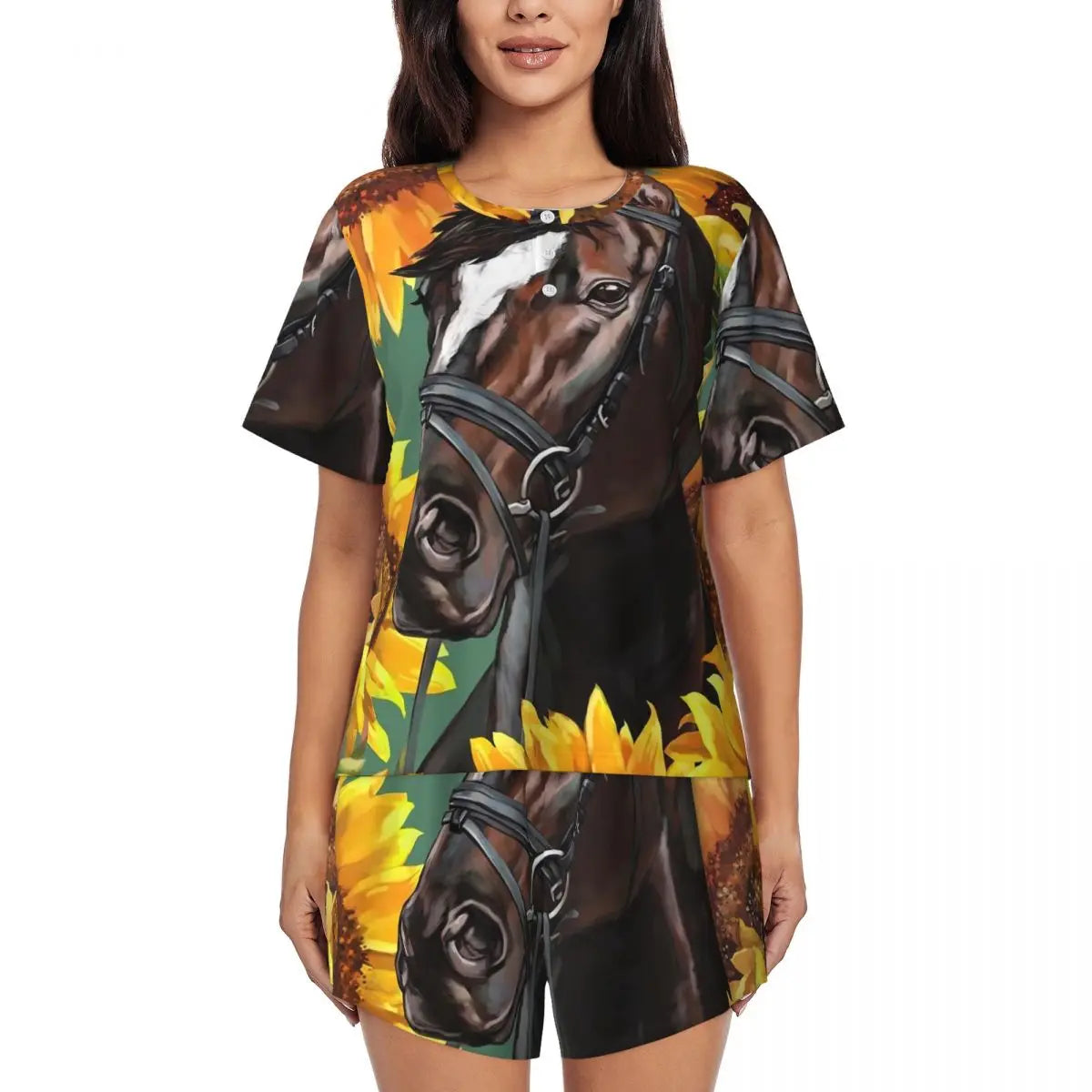 Horse Race Pajamas Summer 2 Pieces 1930s Classic Art Cute Pajama Sets Womens Short-Sleeve O Neck Night Pattern Sleepwear