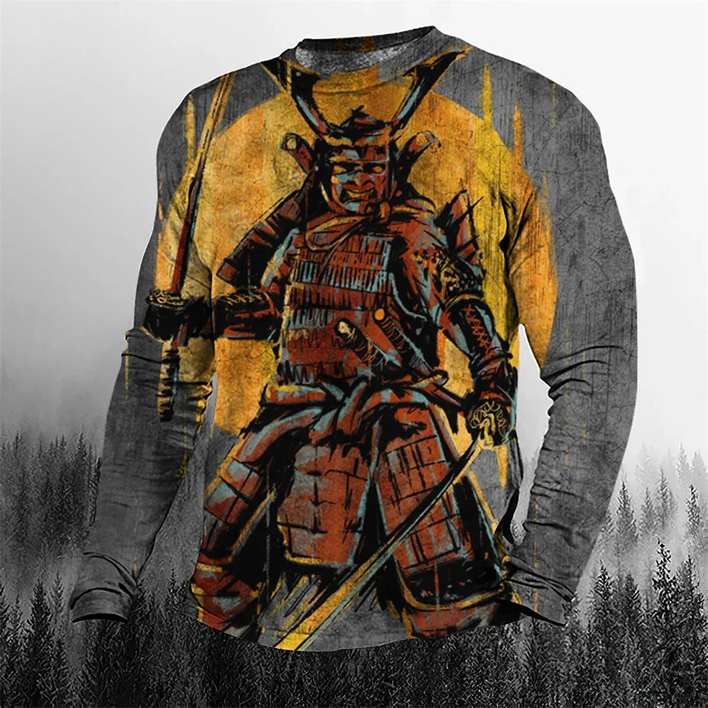 2024 Fall Cool Vintage Samurai 3D Printed Men's T-shirt O-Neck Casual Men's Clothing Oversized Cartoon Long Sleeve Tops