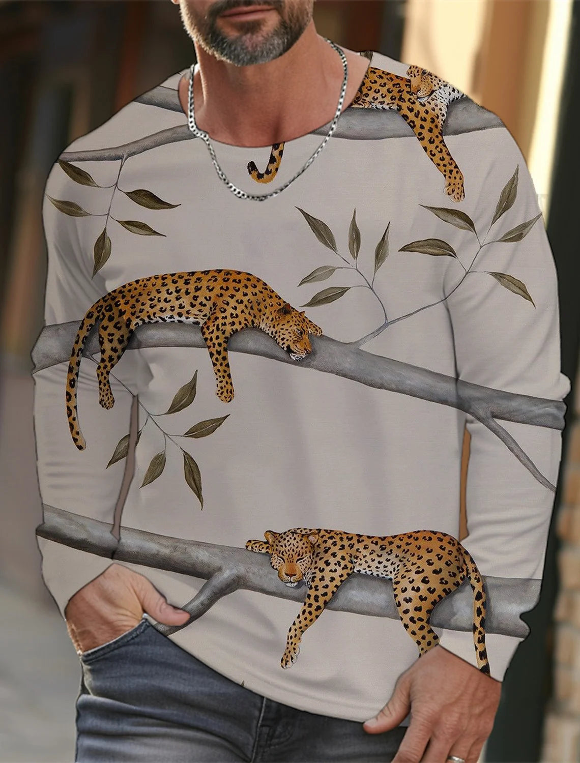 Men's long-sleeved T-shirt 3D printing HD leopard print men's long-sleeved T-shirt autumn tops casual round neck home clothes
