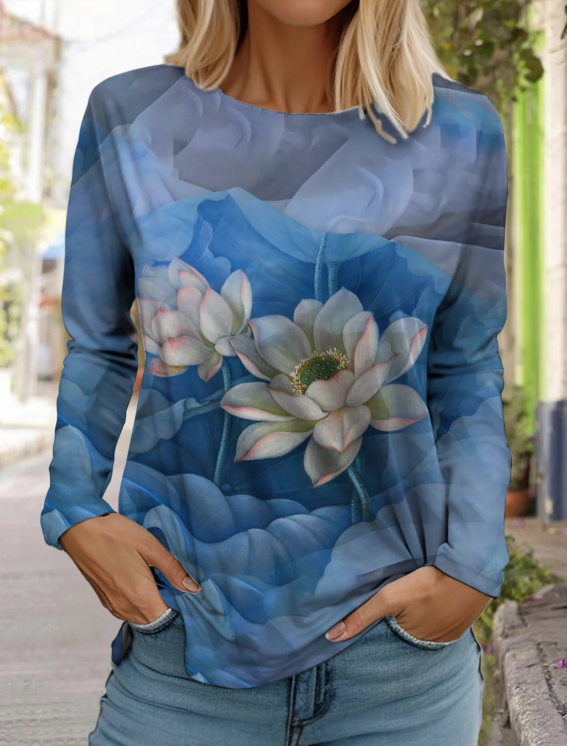 2024 women's fashion retro tops long sleeve round neck pullover casual long sleeve t-shirt new 3d printed lotus print t-shirt