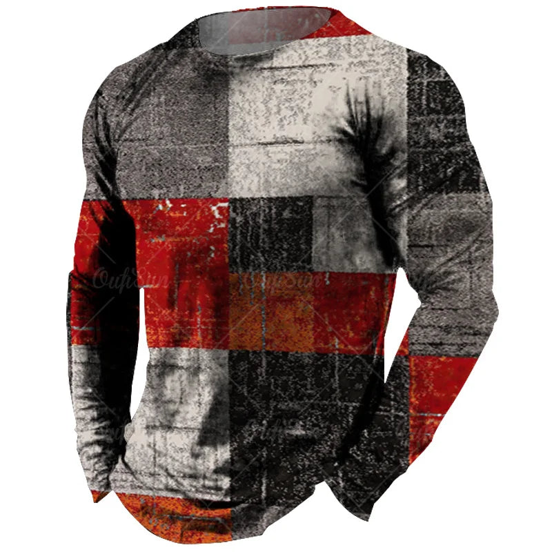 Vintage Men's Long Sleeve T-shirt Tops Plaid Print Autumn Oversized Sweatshirt Male O-neck Casual Daily Streetwear Men Clothing