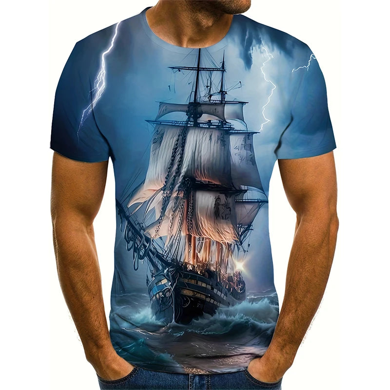 Sailing Ship Graphic T-Shirts Sailboat 3D Print Men Women T Shirt Short Sleeve Oversized Harajuku Y2k Tops Tees Kids Clothing