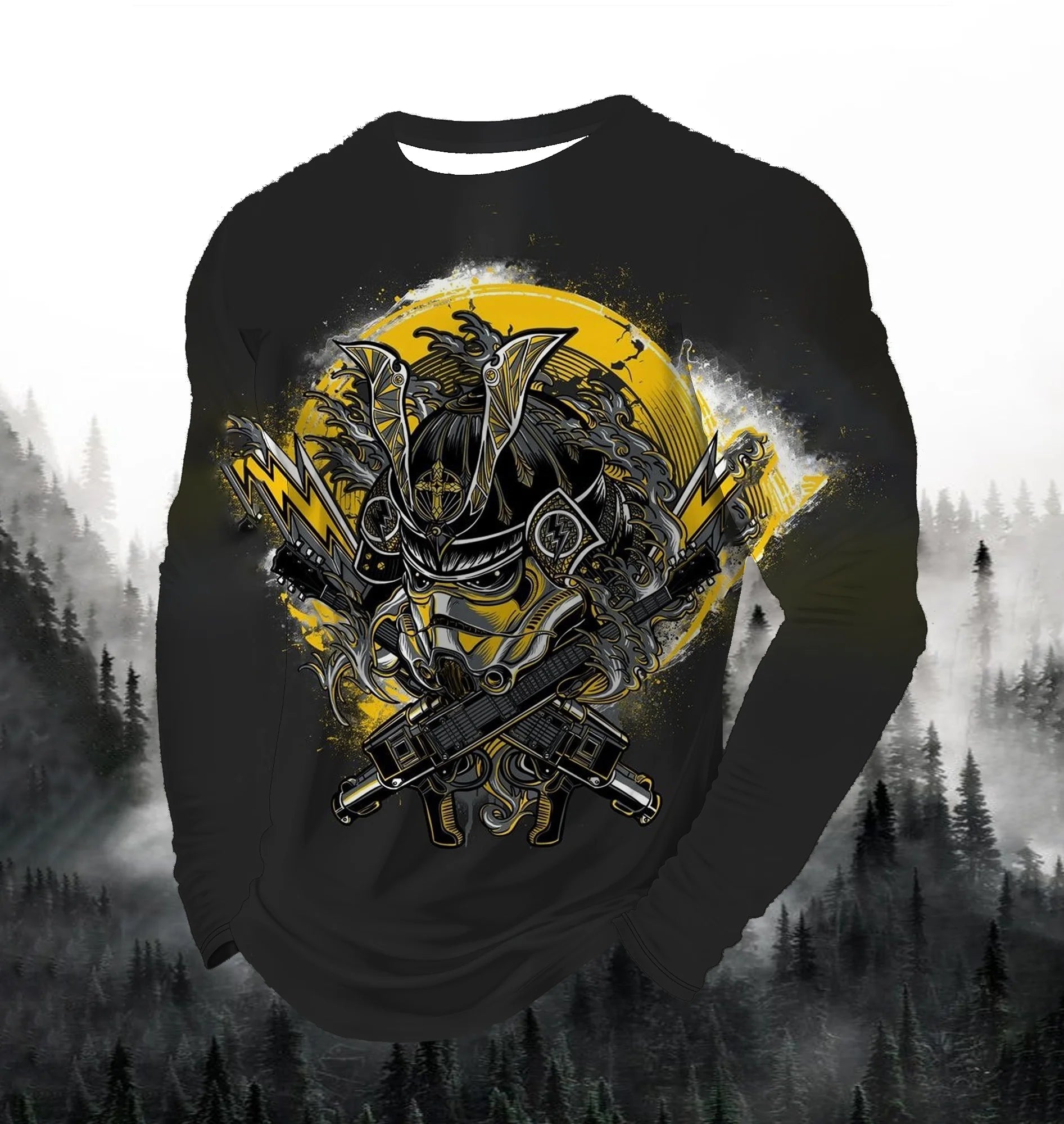 2024 Men's Fashion Printed Round Neck Long Sleeve Autumn Sports Leisure Pullover Men's 3D Japanese Samurai Printed Loose Tops
