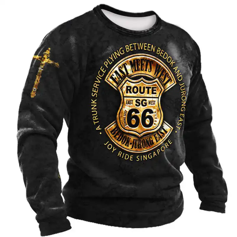 2024 Men's T-shirts Long Sleeve 3d Print Top Casual Cotton Vintage T Shirt Vintage Route 66 Tee Loose Sports O-neck Clothing 5xl