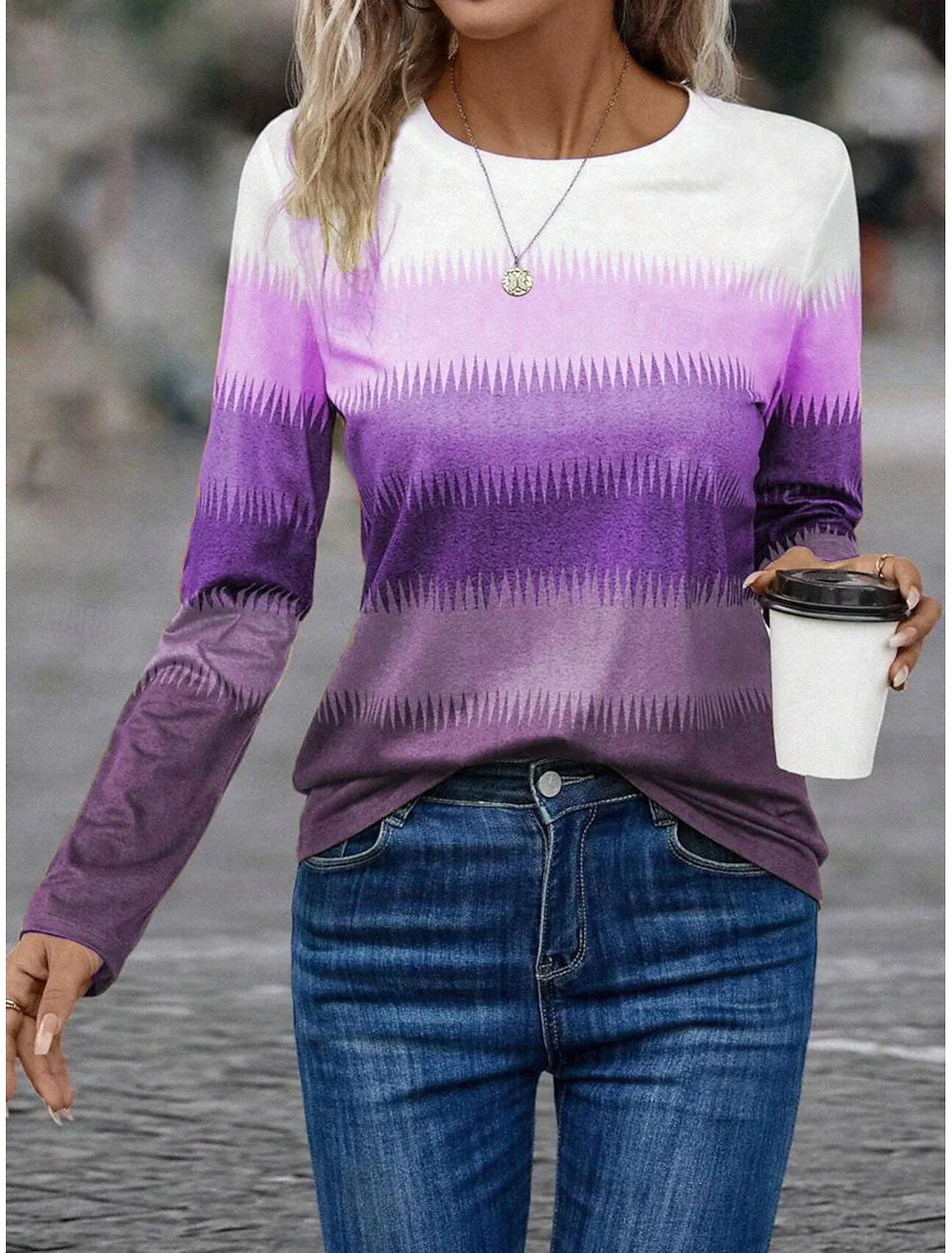 Gradient Stripe Printed Pullover Autumn and Winter Casual Long Sleeve Round Neck Sweatshirt Plaid Pattern Women's Clothing