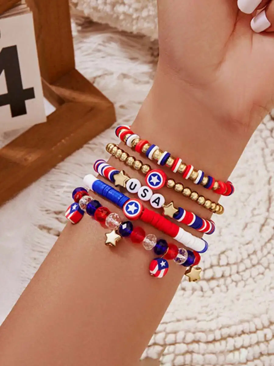 3pcs Red White Blue Beaded Bracelet Set With Star And USA Letter Charms For Women Independence Day