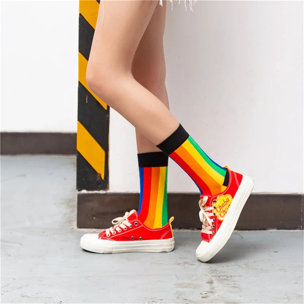 Colorful Stripes Art Socks For Men's Winter Fashion Rainbow Stripe Zebra Pattern Business Crew Unisex Dropship