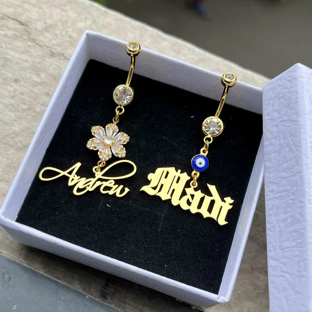 DUOYING Custom Name Belly Ring Charms Personalized Flower Button Ring Blue Eyes Crystal Sexy Body Piercing Jewelry For Women