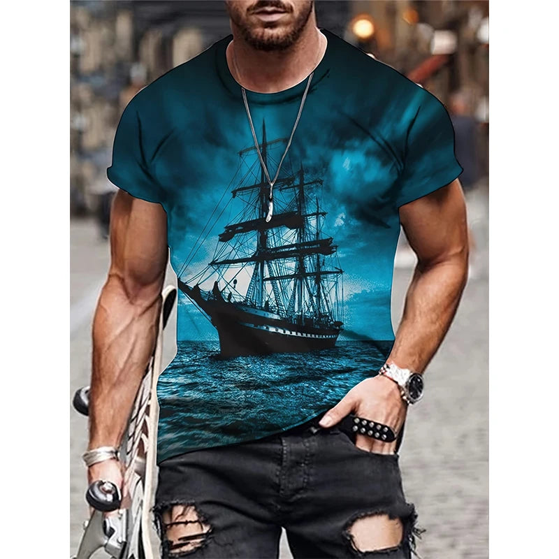 Sailing Ship Graphic T-Shirts Sailboat 3D Print Men Women T Shirt Short Sleeve Oversized Harajuku Y2k Tops Tees Kids Clothing