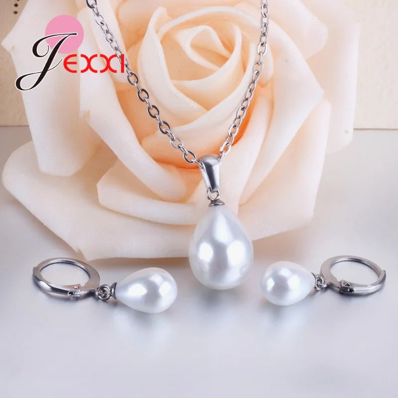 Waterdrop Pearl 925 Sterling Silver Jewelry Sets Anniversary Simple Accessory Earrings Necklaces For Wedding Party
