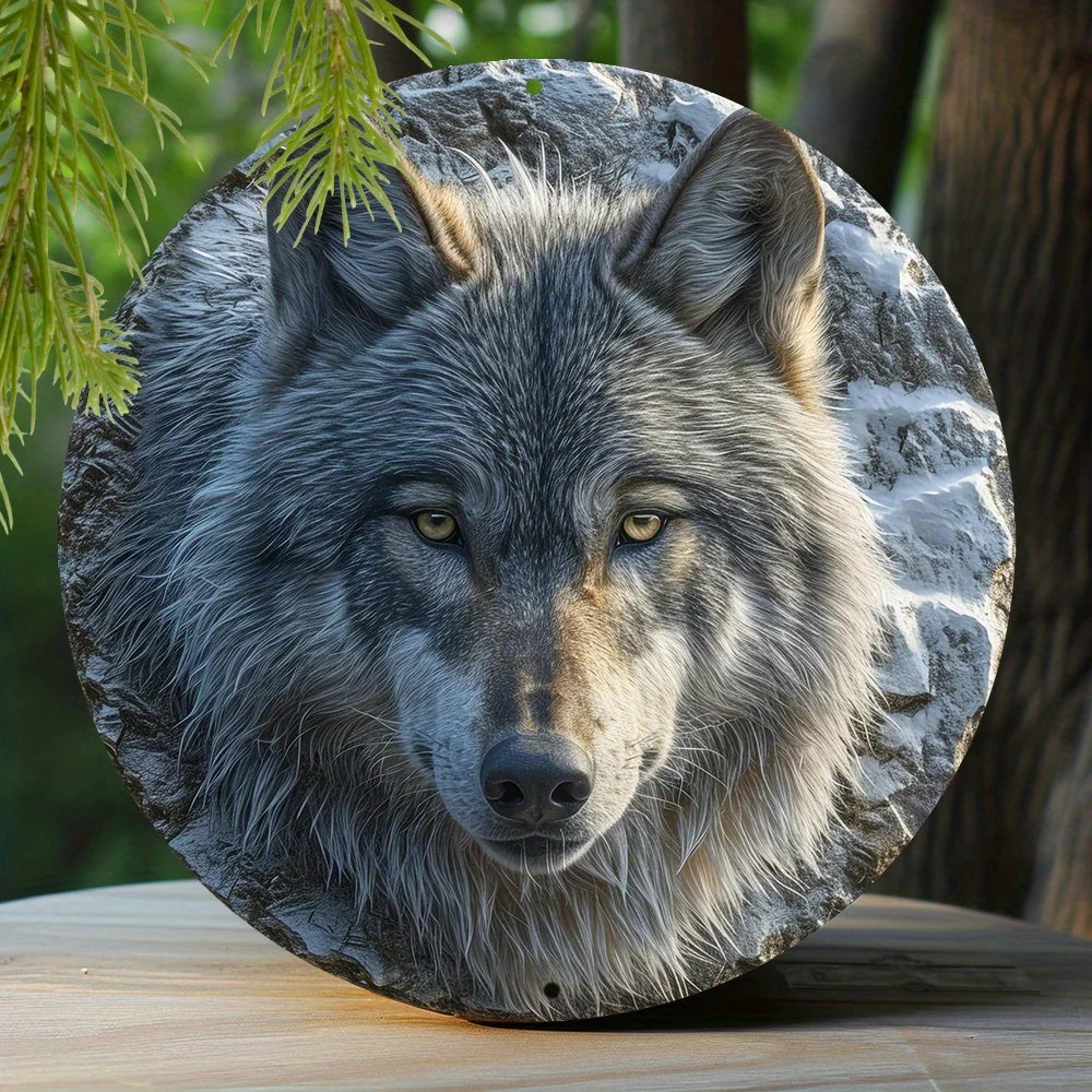 Faux Embossing Painted Round North American Gray Wolf