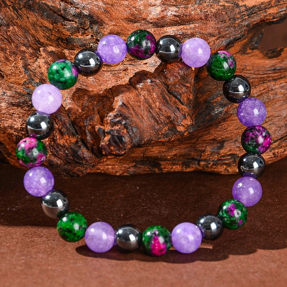 1 Piece of Depression-Healing Bracelet, Made of Natural Stone Including Flower-Green Stone and Purple Mica