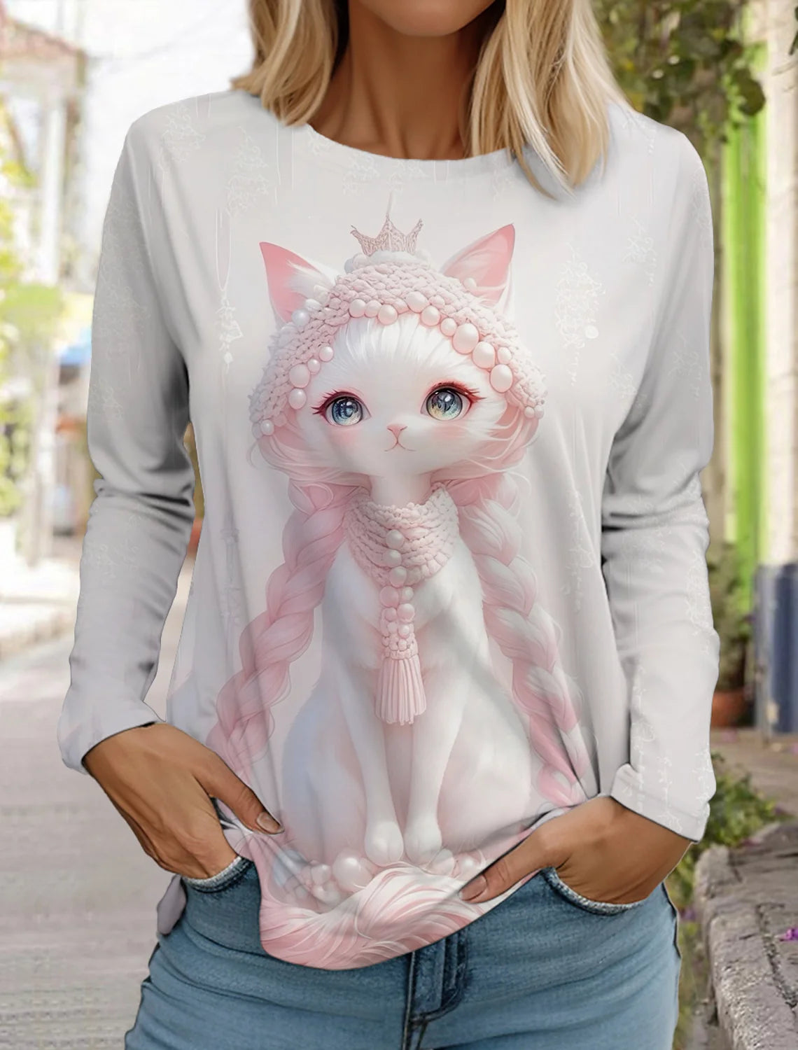 2024 Autumn and Winter Women's Long Sleeve 3D Printed Kitten Cute Print T-Shirt Women's Streetwear Round Neck Long Sleeve