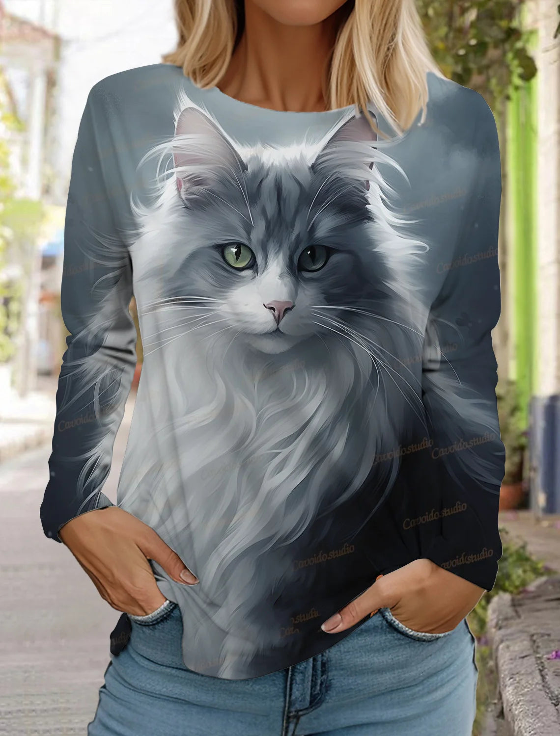 2024 Autumn and Winter Women's Long Sleeve 3D Printed Kitten Cute Print T-Shirt Women's Streetwear Round Neck Long Sleeve