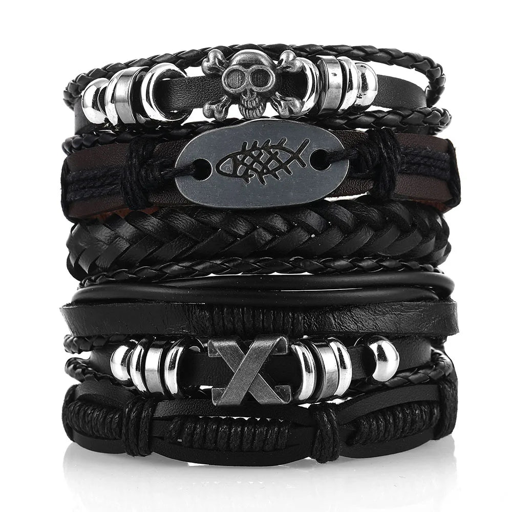 1 Fashion Bracelet Viking Bracelet For Men Hand Bracelets Woven Skull Hand Jewelry Adjustable Leather Set Bracelet For Leather