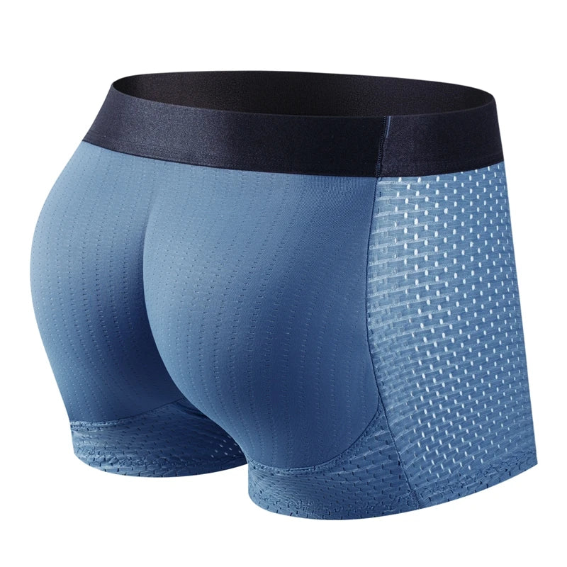 Men's Sexy Fashion Ice Mesh Breathable Butt Lift Boxer Briefs Underwear Padded Underwear Boxer with Hip Pad Buttocks Boxer Trunk