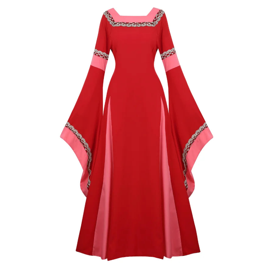 Women Medieval Renaissance Trumpet Sleeve Retro Loor Length Gown Lace Trim Irish Over Long Dress Halloween Costume Plus Size