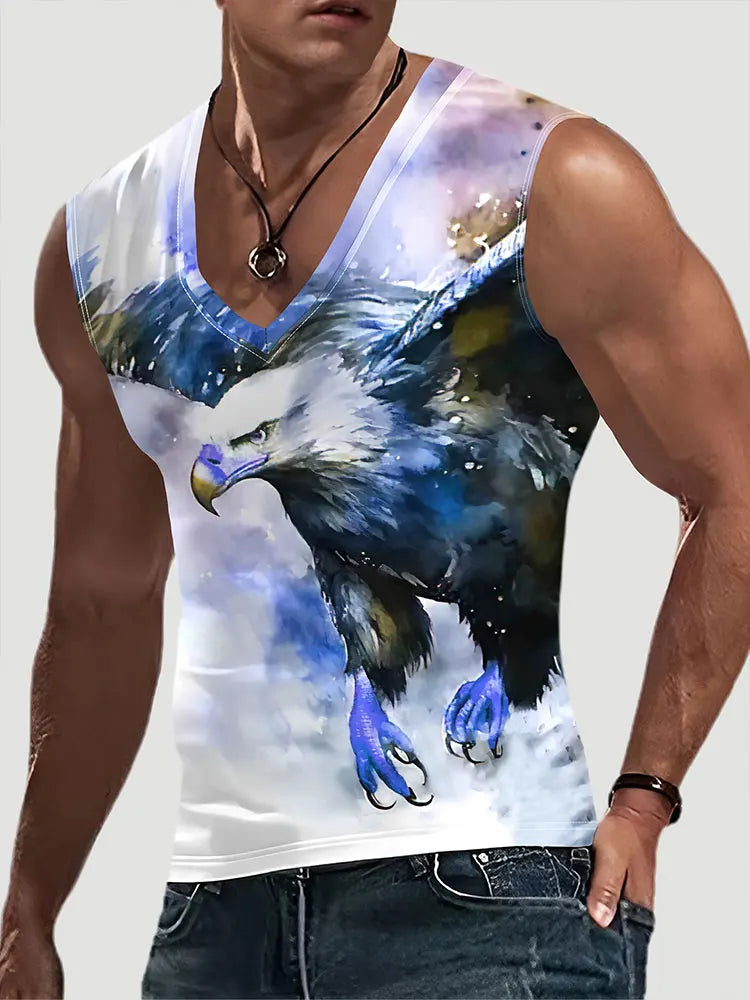 2024 New Summer Everyday Street Men's Tank Top Outdoor Beach Casual Men's Sleeveless T-shirt Eagle Print Men's V-neck Tank Top