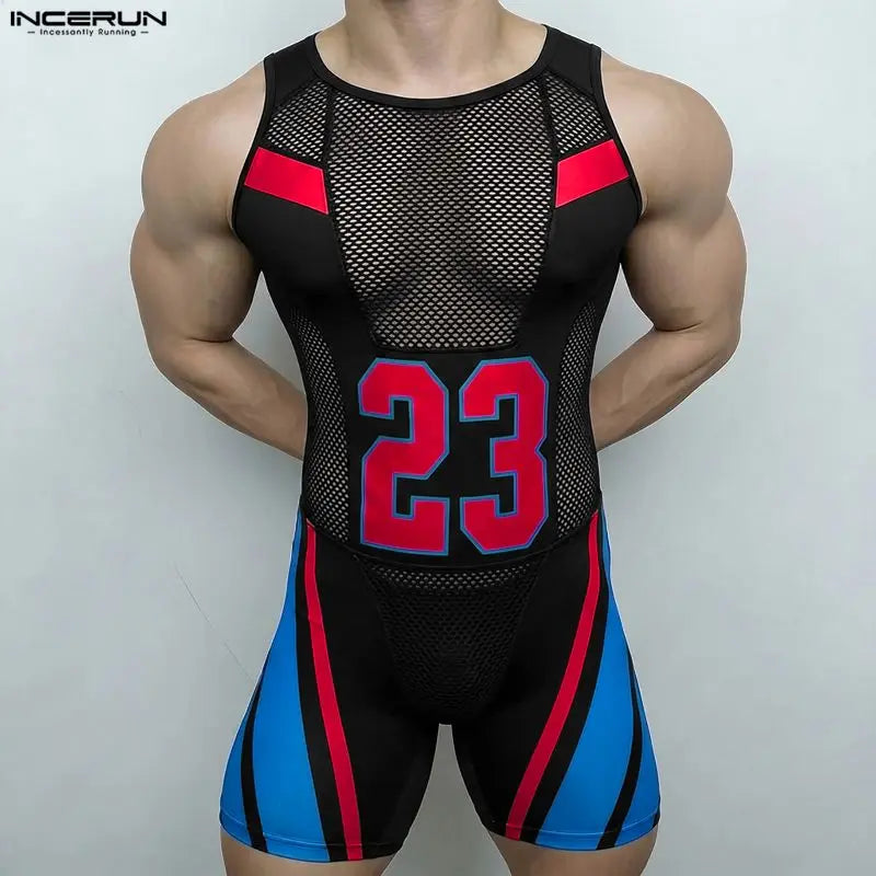INCERUN Men's Bodysuits Mesh Patchwork Color-block O-neck Sleeveless Male Rompers Playsuits Workout See Through Bodysuit For Man