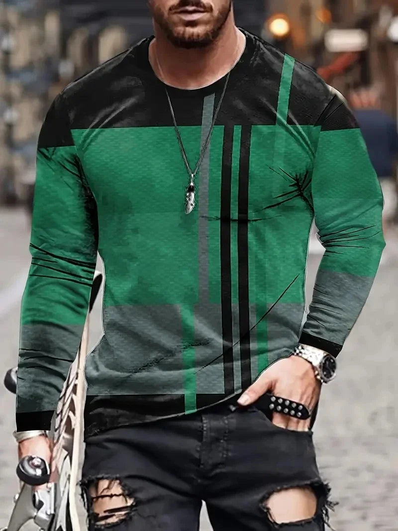 Men's Long Sleeve Retro 3D Print Color Block Print Vintage Novelty T-shirt Stylish Tees For Autumn Mens Clothing