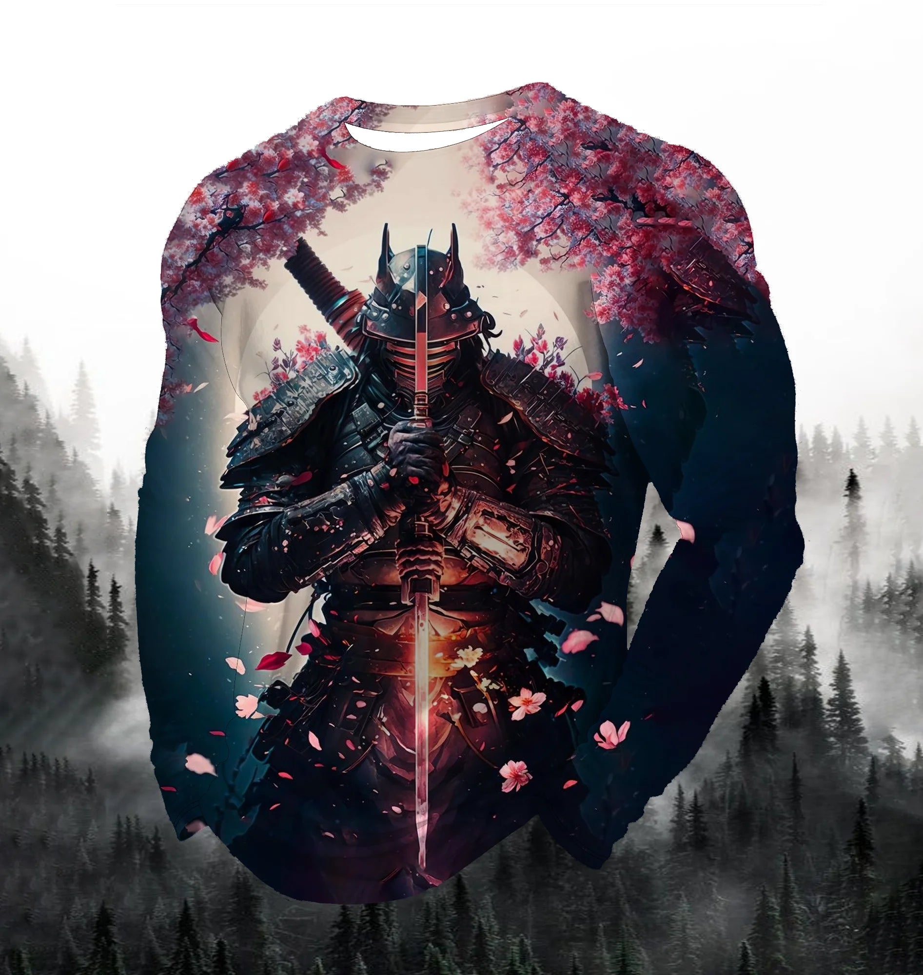 2024 Men's Fashion Printed Round Neck Long Sleeve Autumn Sports Leisure Pullover Men's 3D Japanese Samurai Printed Loose Tops