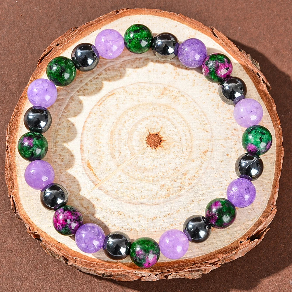 1 Piece of Depression-Healing Bracelet, Made of Natural Stone Including Flower-Green Stone and Purple Mica