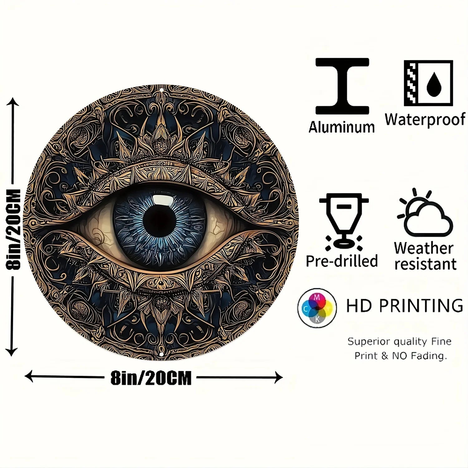 Evil Eye 8x8" Round Aluminum Wall Art - Versatile Home Decor for Living Room, Bathroom & More