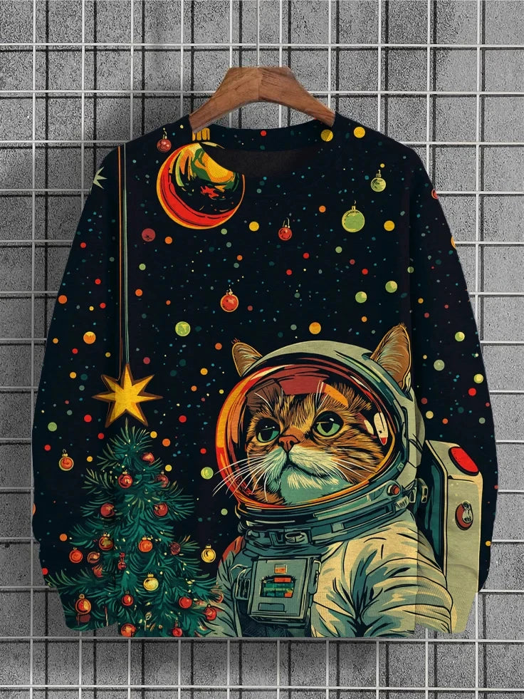 Men's Winter Skiing Animal Kitten Printed Casual Sweatshirt Fashion Round Neck Pullover Sweatshirt Polyester Fabric 2025 New