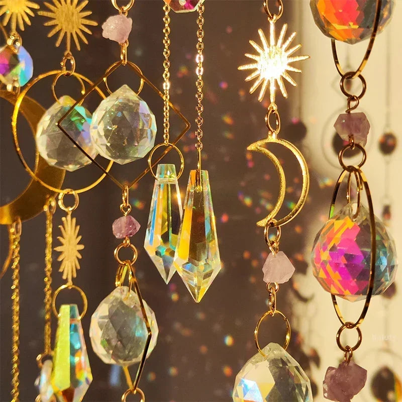 Hanging Crystal Pendant Garden Suncatcher Wind Chimes Rainbow Prism Crystal Chain for Window Drop Bell Christmas Tree Home Decor