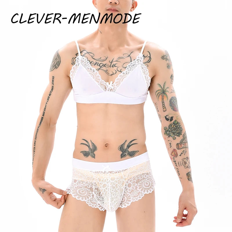 Men Sexy Crossdressing Erotic Sissy Lingerie See Through Mesh Lace Gay Underwear Male Bra Top Transparent Boxers Fetish Customs