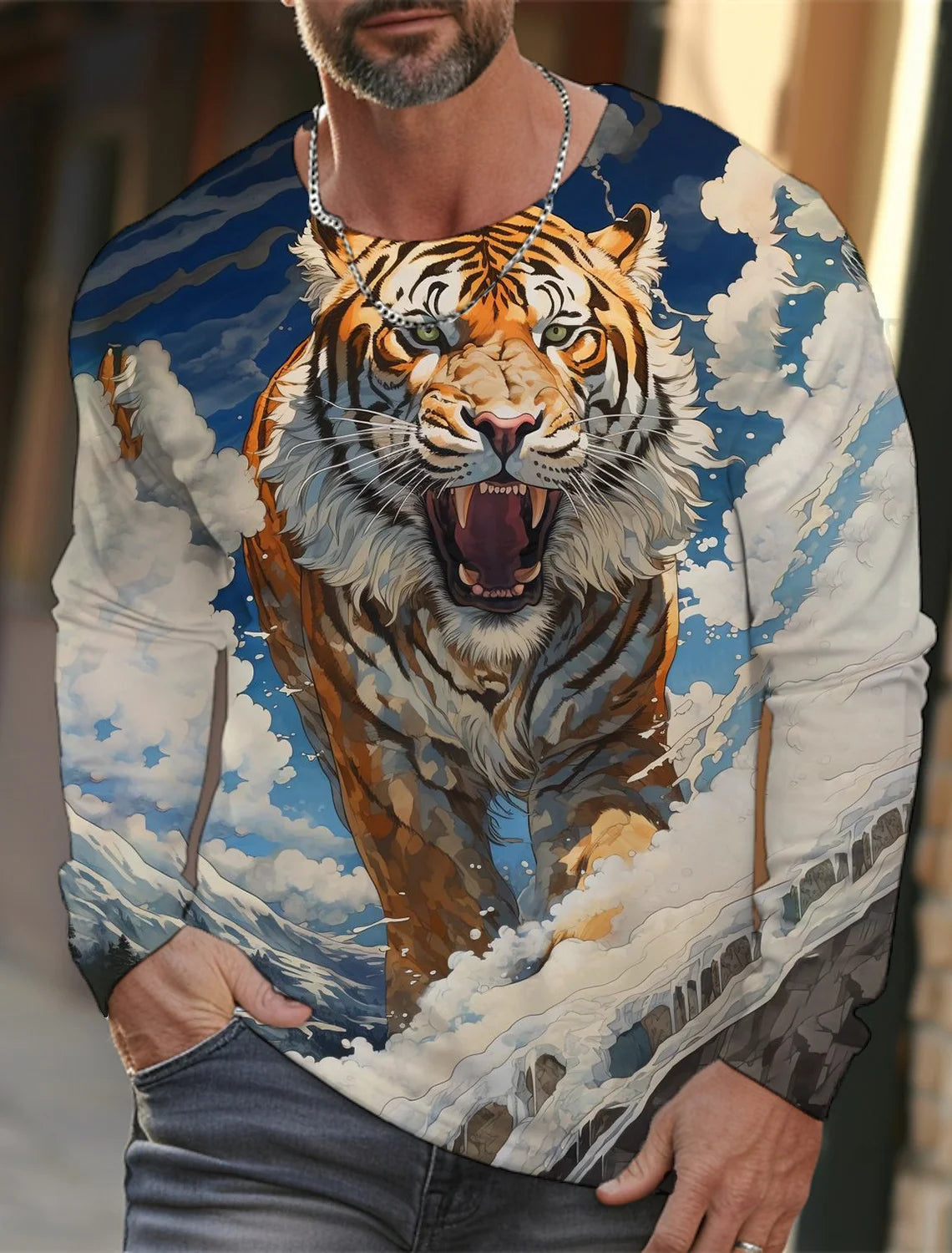 2024 new men's Ukiyoe long-sleeved T-shirt 3D printed high-definition tiger print men's autumn tops casual round neck T-shirt