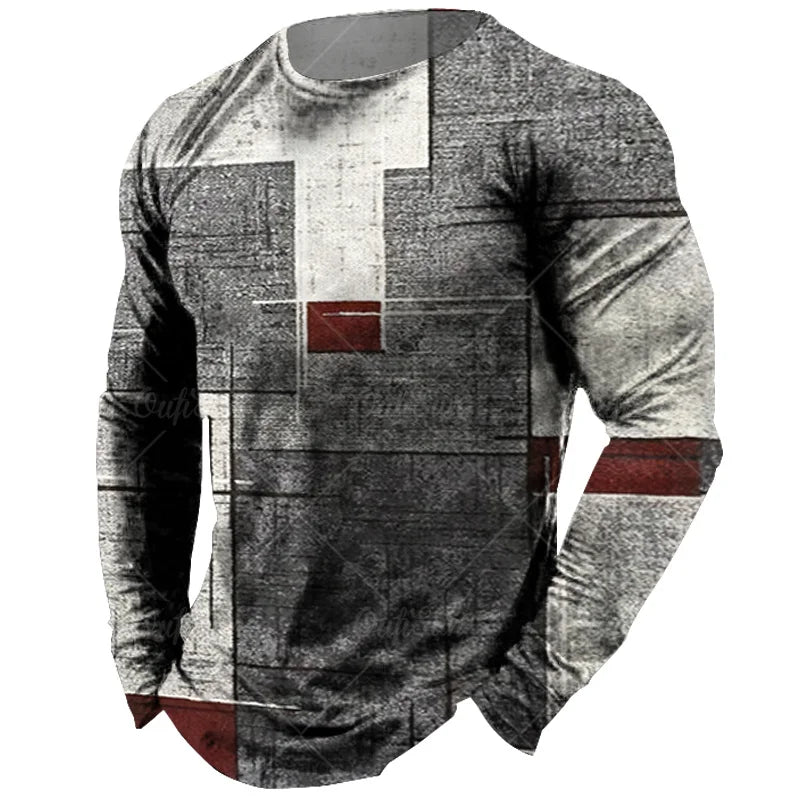 Vintage Men's Long Sleeve T-shirt Tops Plaid Print Autumn Oversized Sweatshirt Male O-neck Casual Daily Streetwear Men Clothing