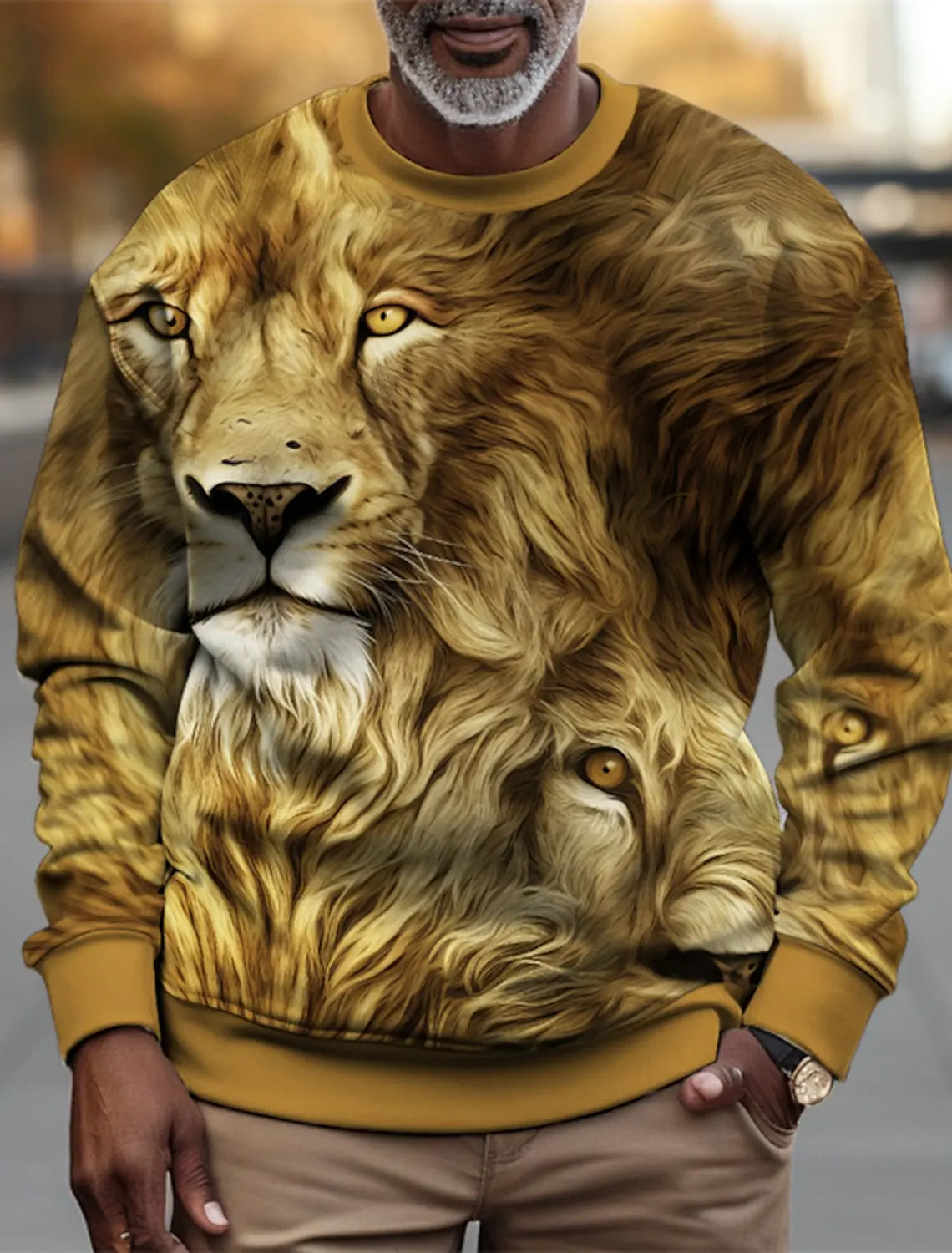 Men's Personalized Fierce Lion Animal Print Casual Sweatshirt Fashion Round Neck Pullover Sweatshirt Polyester Fabric Loose Fit