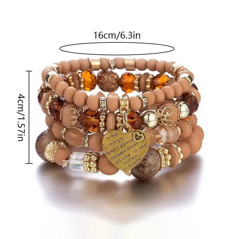 4Pcs/Set Bohemian Style Crystal Glass Love Heart Multi-Layer Stacking Elastic Bracelet For Women Daily Wear Jewelry Gift
