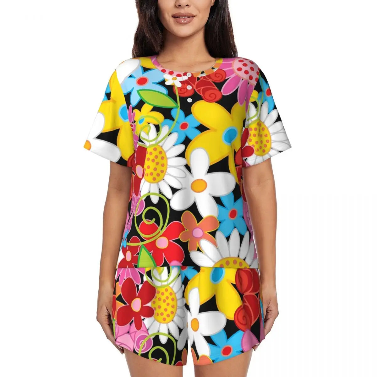 Flower Power Pajamas Spring 2 Pieces Purple Hippie Cute Pajama Sets Lady Short Sleeve O Neck Casual Custom Nightwear