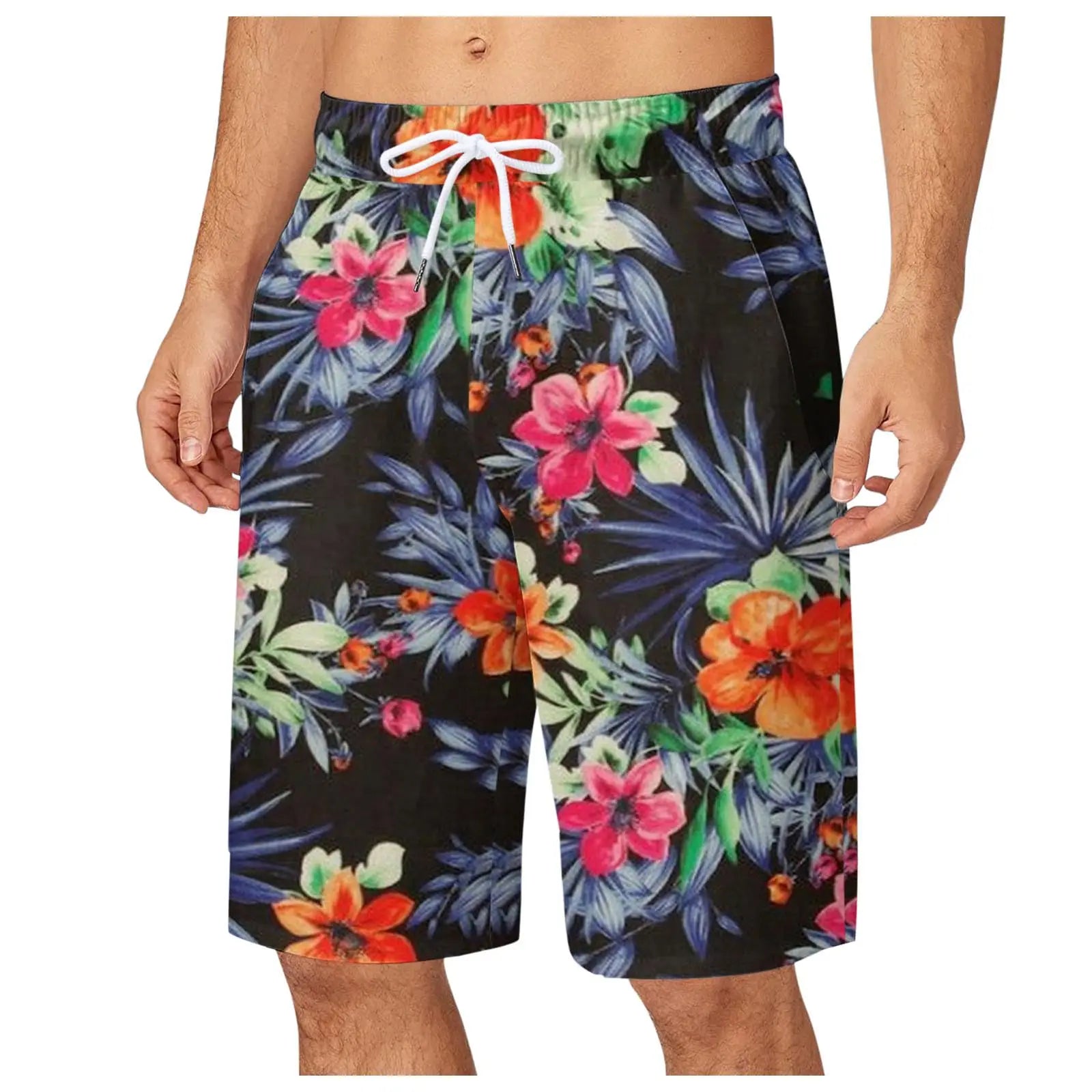 Men's Leaf Printed Sports Shorts Boys Summer Cool Hawaiian 3D Printed Casual Swim Trunks Drawstring Surfboard Shorts