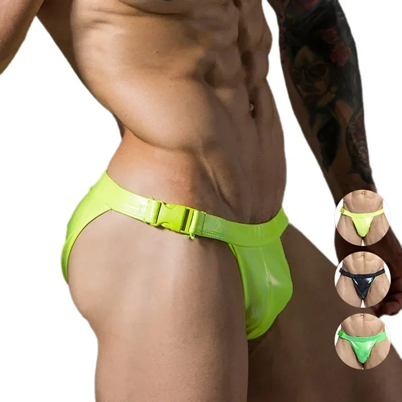 Sexy Briefs Men's Faux Leather Male Bikini Gay Men Underwear Brief Gay Sissy Bulge Pouch Panties PU Patent Leather Underpants