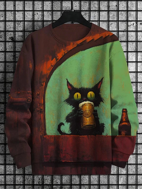 Men's Retro Animal Kitten Printed Casual Sweatshirt Fashion Round Neck Pullover Sweatshirt Polyester Fabric 2025 New