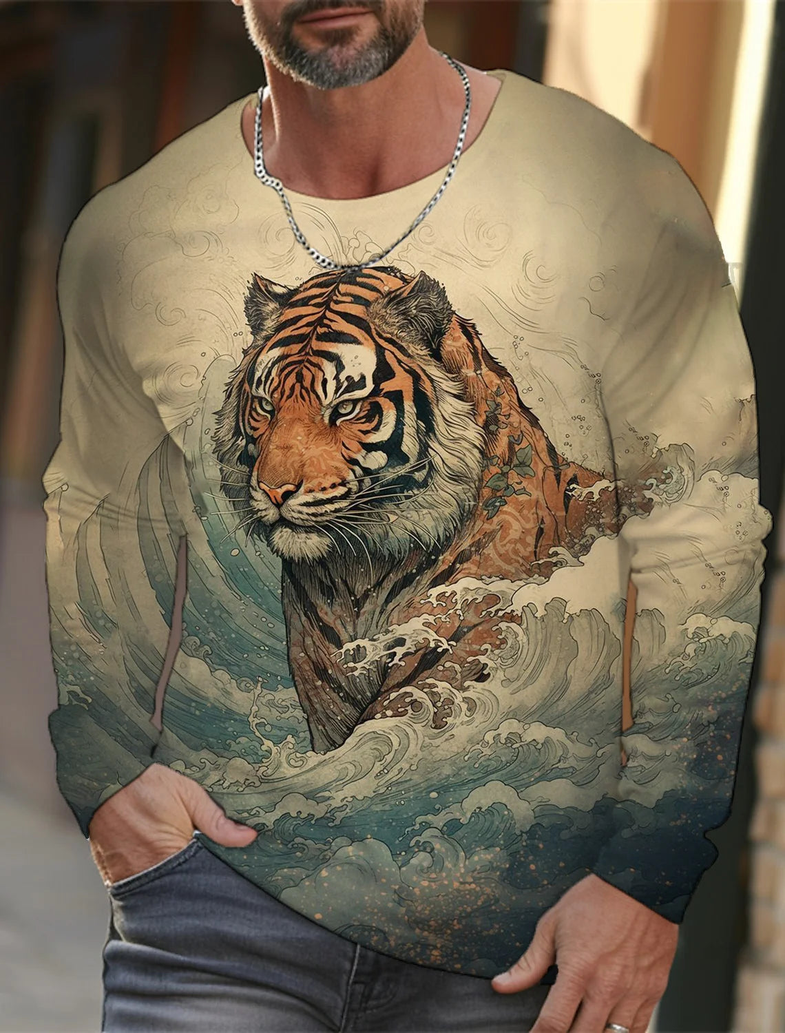 2024 new men's Ukiyoe long-sleeved T-shirt 3D printed high-definition tiger print men's autumn tops casual round neck T-shirt