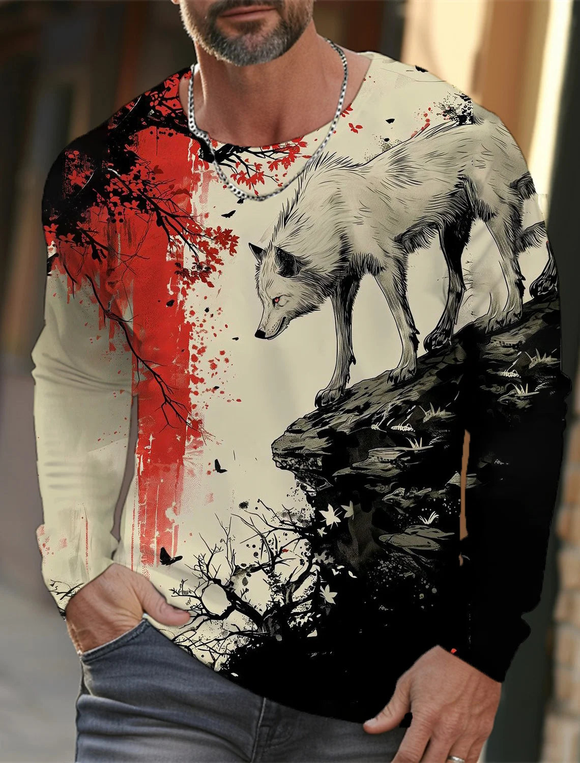 2024 new men's Ukiyoe long-sleeved T-shirt 3d printed high-definition wolf print men's autumn top casual round neck T-shirt