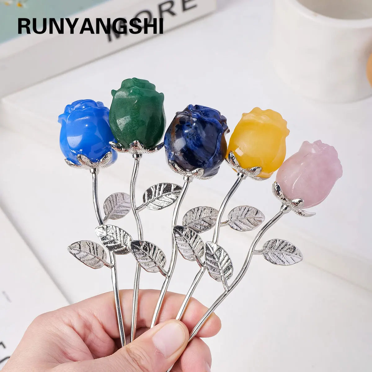 1PC Natural Crystal Crafts Rose Quartz Flowers Statue Healing Gemstone Valentines Day Gold Rod Rose Flower for Wedding Gifts