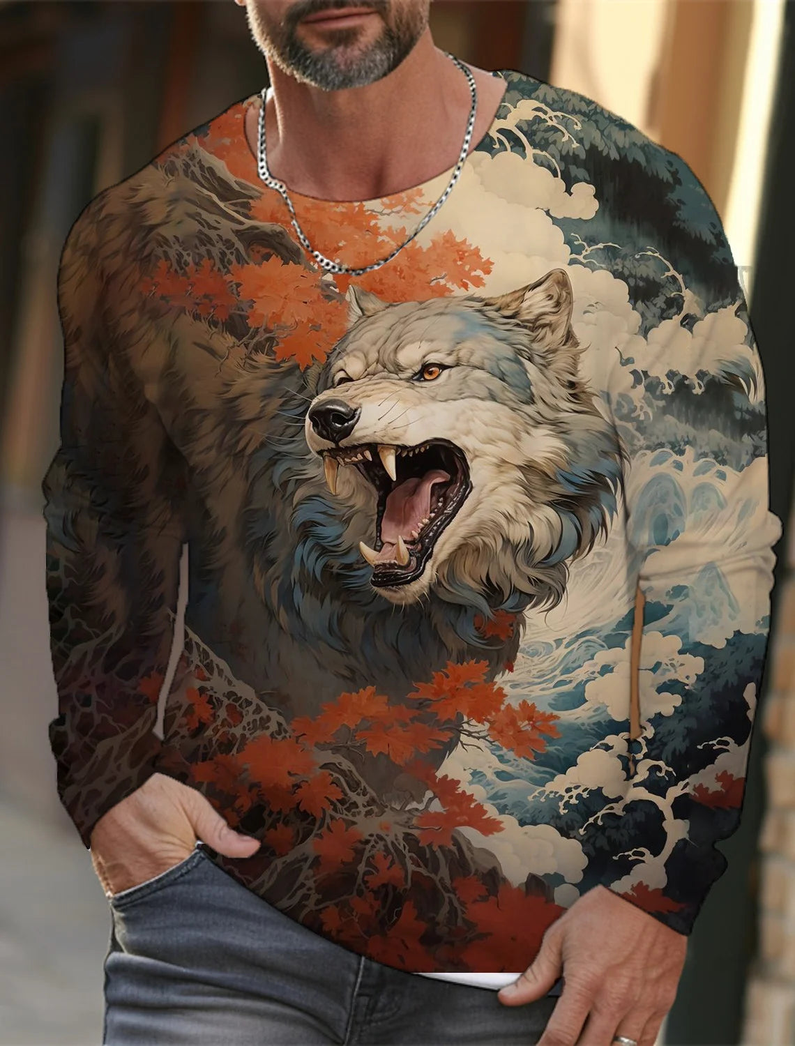 2024 new men's Ukiyoe long-sleeved T-shirt 3d printed high-definition wolf print men's autumn top casual round neck T-shirt