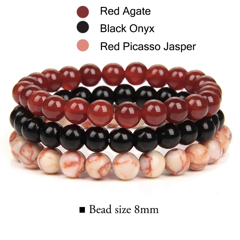 3Pcs/set 8mm Natural Stone Beads Bracelet Set Pink Zebra Rhodonite Moonstone Agates Hematite Bracelets For Women Men Jewelry