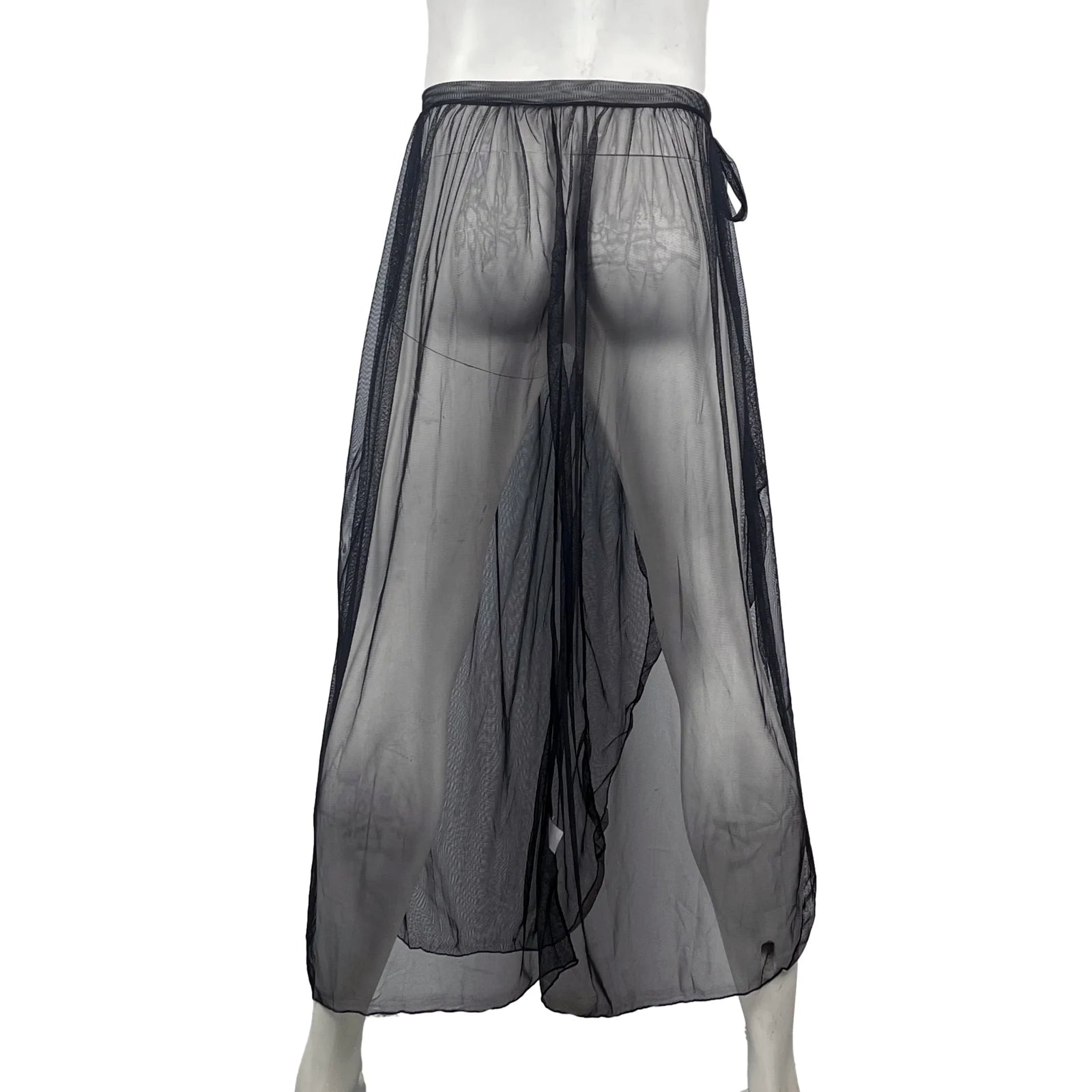 CLEVER-MENMODE Sexy Mesh Sleep Bottoms Men Pajamas See Through Long Sleepwear Side Spilt Nightdress Transparent Culottes